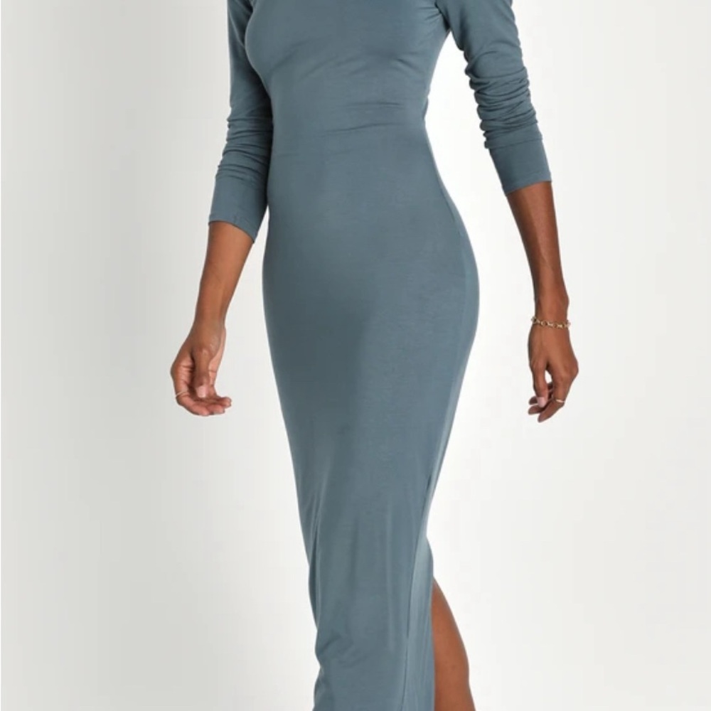 Comfortable Charm Slate Blue Jersey Knit Turtleneck Midi Dress
